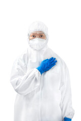 Health worker woman with a protective suit and gloves standing