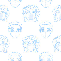Vector seamless pattern with outline of people wearing medical protective mask. Virus prevention measures. Coronavirus pandemic, epidemic disease. Hand drawn texture in cartoon style doodle