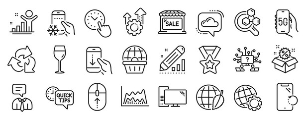 Set of Business icons, such as Support service, Seo gear, Trade chart icons. Quick tips, Chemistry lab, Cloud communication signs. Computer, Smartphone recovery, Globe. Market sale, Sale. Vector