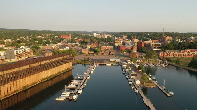 Aerial view of downtown of city of Marquette, Michigan state. Establishing shot of a small American city. Midwestern architecture, buildings exterior