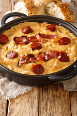 Gacha Manchega a traditional dish from La Mancha Spain close-up in a pan on the table. Vertical