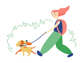 Illustration of a Girl Taking Her Dog for a Walk