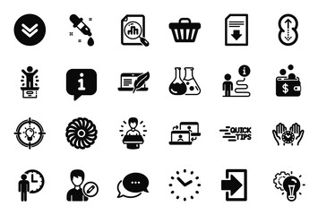 Vector Set of Technology icons related to Analytics graph, Outsource work and Dots message icons. Shop cart, Safe time and Copyright laptop signs. Waiting, Idea and Fan engine. Scroll down. Vector