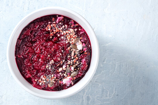 Chilled Beet Soup, Healthy Vegan Detox Diet. Beetroot Puree With Seeds, Summer Lunch, Shot From The Top With A Place For Text