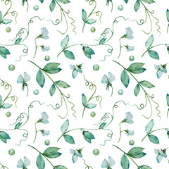 Seamless patterns. Watercolor image of green peas. for printing on fabric, paper.