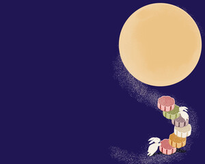 The rabbit claims on the mooncake reach out the moon underneath the moonlight scene. Full moon night and rabbit. Mid autumn festival vector illustration background.  