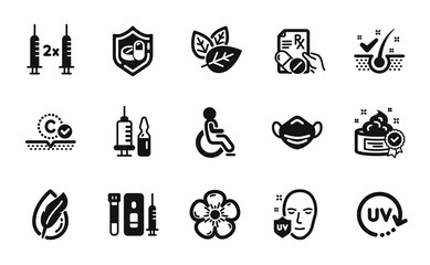 Vector set of Medical vaccination, Collagen skin and Anti-dandruff flakes icons simple set. Hypoallergenic tested, Uv protection and Disabled icons. Medical vaccination simple web symbol. Vector