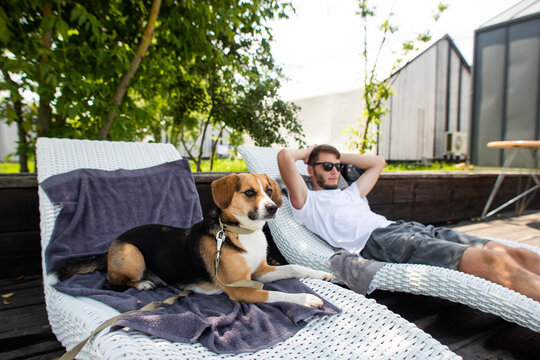 Cute Dog With A Young Man Resting On A Deck Chair