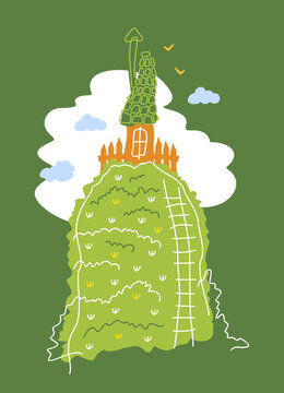 A House With A Chimney, Surrounded By A Wooden Fence, Blue Clouds On A Green High Hill With Bushes And Plantings. Vector Illustration On A Green Background.