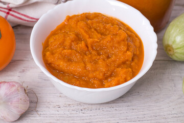 Squash spread, zucchini caviar and ingredients. Healthy food