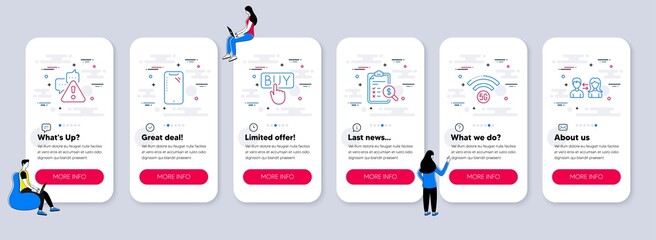 Set of line icons, such as Warning, 5g wifi, Accounting report icons. UI phone app screens with teamwork. Smartphone, Buying, People communication line symbols. Vector
