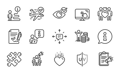 Business icons set. Included icon as Puzzle, Budget profit, Sms signs. Approved agreement, Uv protection, Confirmed flight symbols. Heart, Megaphone checklist, Love couple. Touch screen. Vector