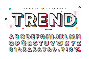 3D multicolor memphis alphabet  number set. Vector decorative pattern typography. Modern stylish font collection for headline, poster, social web, brochure, scrapbook, graphic card, etc.  - obrazy, fototapety, plakaty