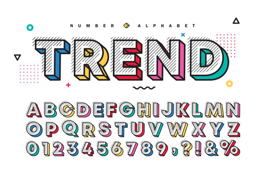 3D multicolor memphis alphabet  number set. Vector decorative pattern typography. Modern stylish font collection for headline, poster, social web, brochure, scrapbook, graphic card, etc. 