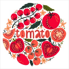 Set with tomatoes and cherries, flowers, tomato slices, tomato seeds and leaves. doodle lettering tomatoes. Food background. Flat vegetables on white. Vegan, farmed, natural - obrazy, fototapety, plakaty