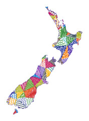 Kid-style map of New Zealand. Hand-drawn polygons in the shape of New Zealand. Vector illustration.