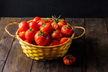 Tomatoes grown in a vegetable garden in a wicker basket on a wooden table. 