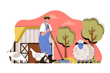 Animal husbandry concept. Farmer breeds chickens and sheep, works on farm situation. Livestock business people scene. Vector illustration with flat character design for website and mobile site