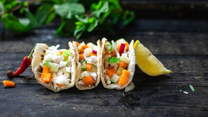 tacos vegetable doner kebab flatbread taco on the table healthy meal snack copy space food background rustic top view
