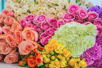 Colorful beautiful flowers wall background - roses and carnations at studio, flower shop - close up view. Floristry, romantic, holiday, birthday, valentine day, wedding, celebration concept