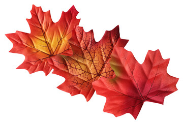 Collage of autumn leaves. Top view on three various red maple leafes made of fabric. Decoration element.