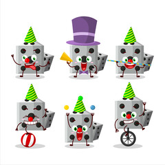 Cartoon character of white dice new with various circus shows
