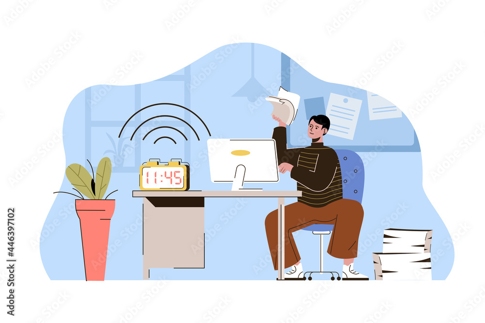 Poster catch the deadline concept. employee is in hurry to finish work task, alarm ringing situation. time 