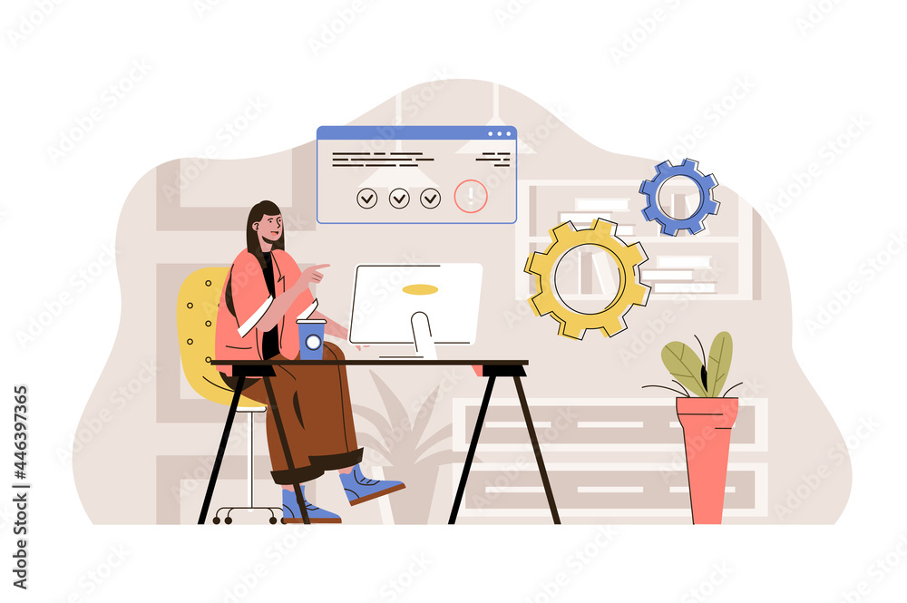 Poster coworking center concept. woman working at computer in open office situation. coworker or freelancer