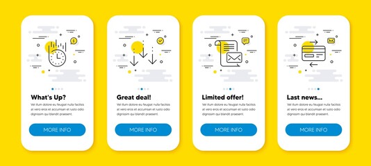 Vector set of Fast delivery, Mail letter and Scroll down line icons set. UI phone app screens with line icons. Credit card icon. Stopwatch, Read e-mail, Swipe screen. Bank payment. Vector