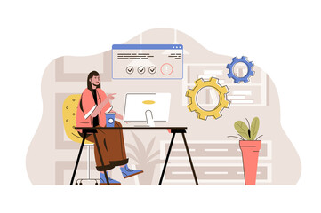 Coworking center concept. Woman working at computer in open office situation. Coworker or freelancer workplace people scene. Vector illustration with flat character design for website and mobile site