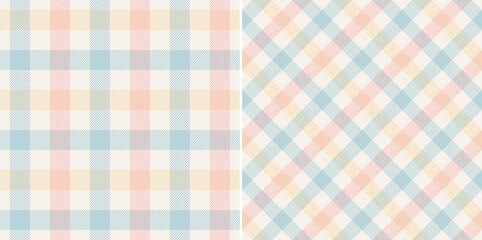 Gingham check pattern textured print in pink, blue, yellow, off white. Light pastel gingham graphic for gift paper, tablecloth, oilcloth, picnic blanket, other modern spring summer fabric design. - obrazy, fototapety, plakaty