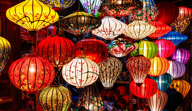Colorful lanterns glowing at night in Hoian Vietnam 