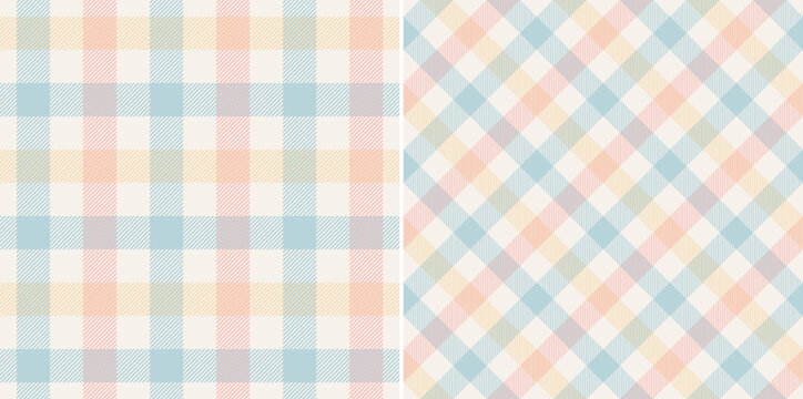 Gingham check pattern textured print in pink, blue, yellow, off white. Light pastel gingham graphic for gift paper, tablecloth, oilcloth, picnic blanket, other modern spring summer fabric design.