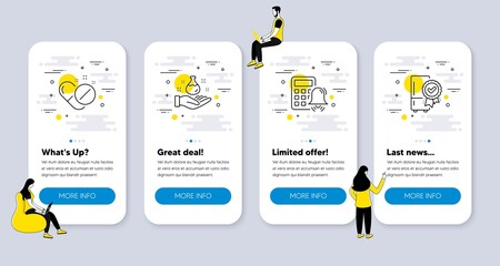 Vector Set of Business icons related to Medical pills, Chemistry lab and Calculator alarm icons. UI phone app screens with people. Certified refrigerator line symbols. Vector