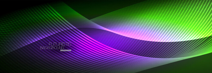 Abstract neon glowing light in the dark with waves. Shiny magic energy and motion concept, vector abstract wallpaper background