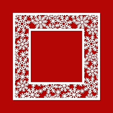 Square photo frame with snowflakes. Winter decoration for Christmas, New Year holidays. Template for plotter laser cutting of paper, metal engraving, wood carving,  plywood, cnc. Vector illustration.