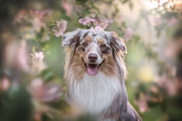 Fototapeta premium Close-up portrait of a funny female marbled australian shepherd among blooming apple orchards against the backdrop of the setting sun