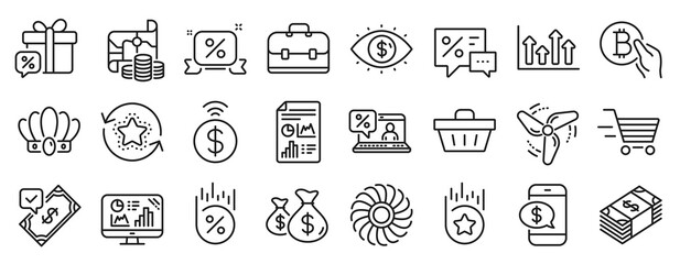 Fototapeta na wymiar Set of Finance icons, such as Shopping basket, Delivery shopping, Loyalty star icons. Loyalty points, Coins bags, Online loan signs. Upper arrows, Usd currency, Treasure map. Portfolio. Vector