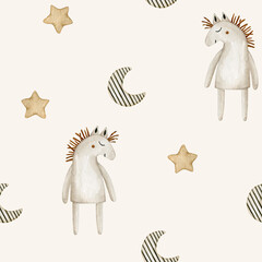 Watercolor seamless pattern with horse, striped moon and stars. Hand drawn clipart.