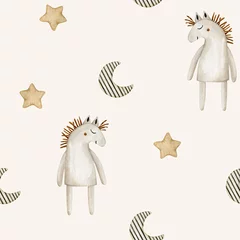 Fotobehang Boho dieren Aquarel naadloze patroon met paard, gestreepte maan en sterren. Handgetekende clipart.