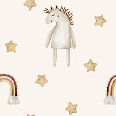 Watercolor seamless pattern with rainbow, horse and stars. Hand drawn clipart.