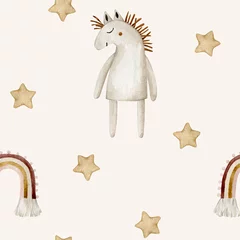 Stickers pour porte Bestsellers Motif harmonieux d& 39 aquarelle avec arc-en-ciel, cheval et étoiles. Clipart dessiné à la main.