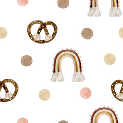 Watercolor seamless pattern polka dot pink brown, rainbow and pretzel. Hand drawn clipart. Isolated on white background.