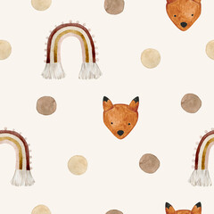 Aquarel naadloze patroon polka dot bruin beige, regenboog en speelgoed fox. Handgetekende clipart.