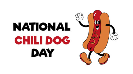 National Chili Dog Day July 29. Cartoon hot dog with mustard,  lettering. American chili dog vector illustration. Food concept. National Chili Dog Day poster, card, banner with text inspiration.
