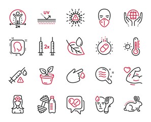 Vector Set of Healthcare icons related to Head, Vaccine attention and Leaves icons. Capsule pill, Strong arm and Uv protection signs. Medical drugs, Social distance and Oculist doctor. Vector