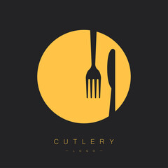 Cutlery logos. Fork and knife on a plate. Vector illustration