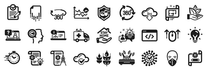 Set of Science icons, such as Cloud computing, Seo script, Medical tablet icons. Ambulance car, Stay home, Seo analysis signs. Divider document, Writer, Timer. Medical mask, Coronavirus. Vector