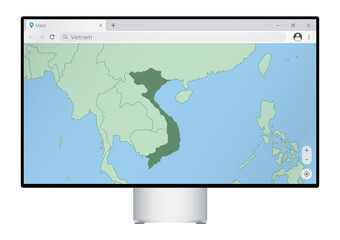 Computer monitor with map of Vietnam in browser, search for the country of Vietnam on the web mapping program.