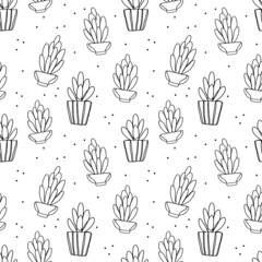 Plants are drawn with one line. Illustration of succulents in pots.